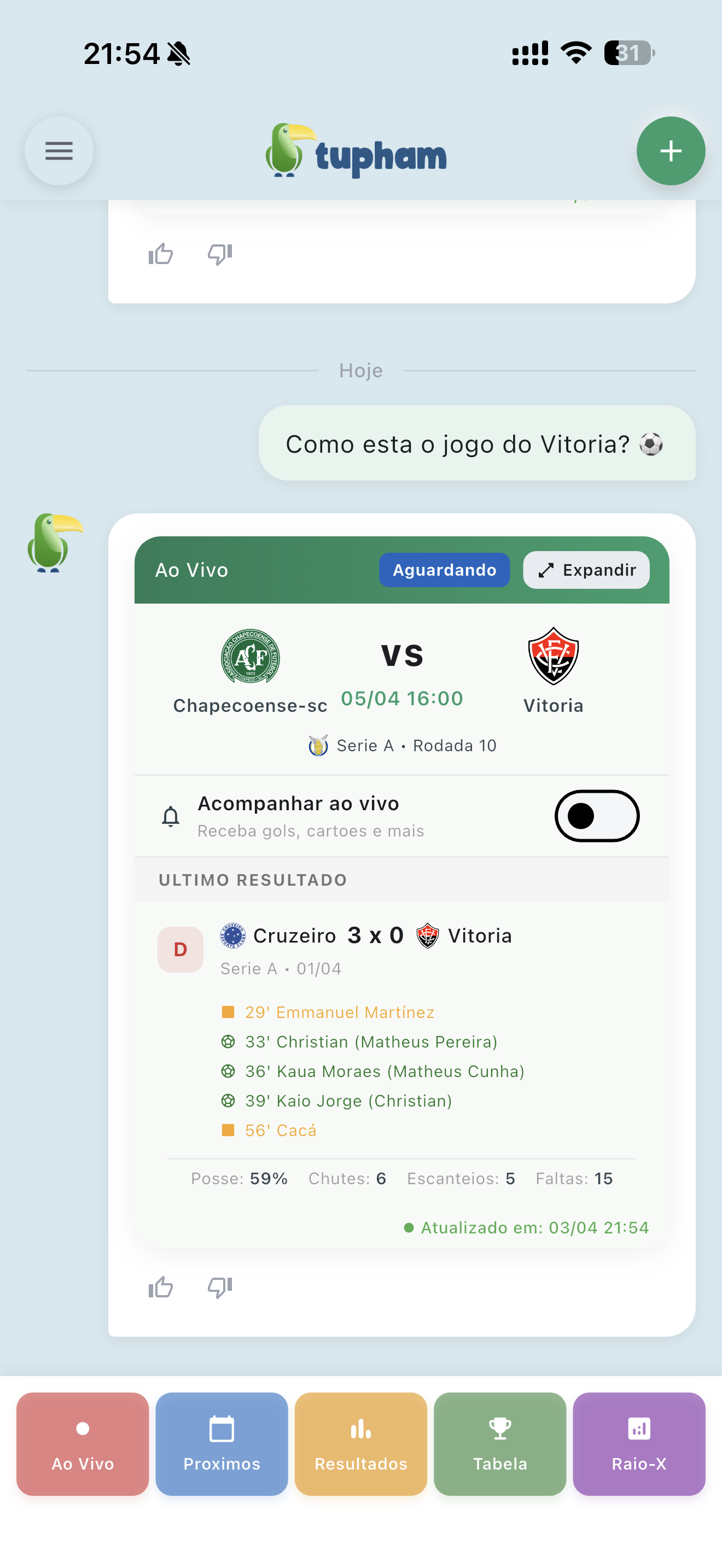 Jogo ao vivo no Tupham, lance a lance