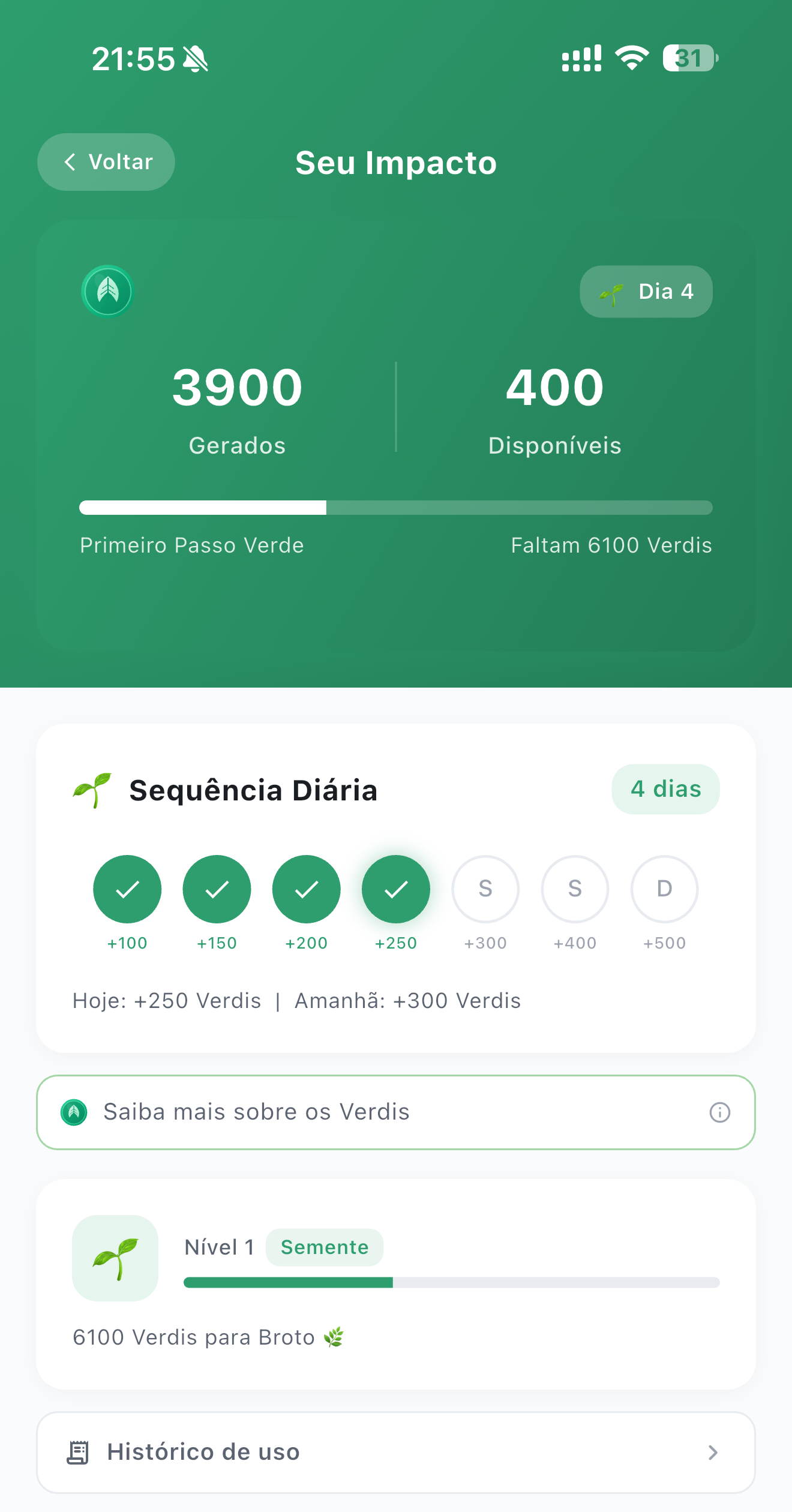 Tela Seu Impacto no Tupham, com Verdis e nível verde
